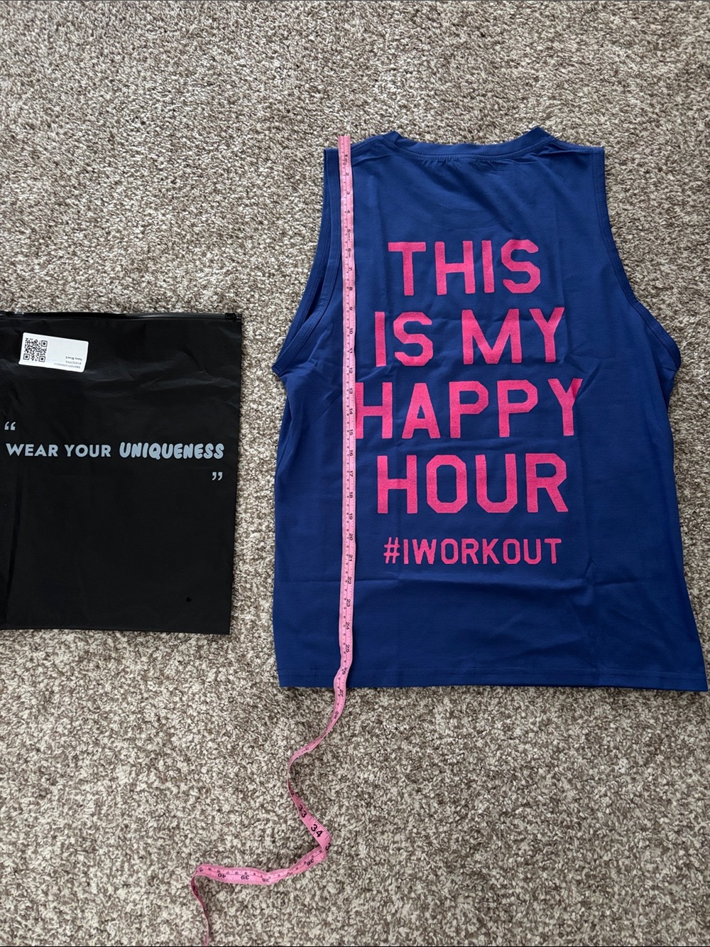 Blue Workout Tank with Pink Script "This Is My Happy Hour"